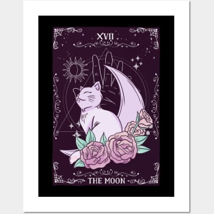 Tarot Card Crescent Moon Cute Cat Roses Cosmic Magic Posters and Art